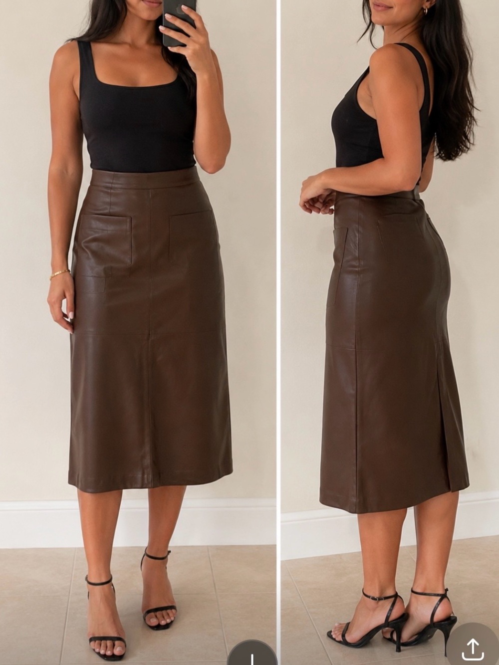H&M Brown Faux Leather Midi Skirt